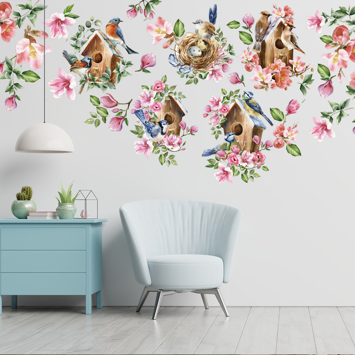 Наклейка на стіну в дитячу Шпаківні Квіти Птахи квітковий принт стікери Набір М 1000х500 мм матова, фото 1