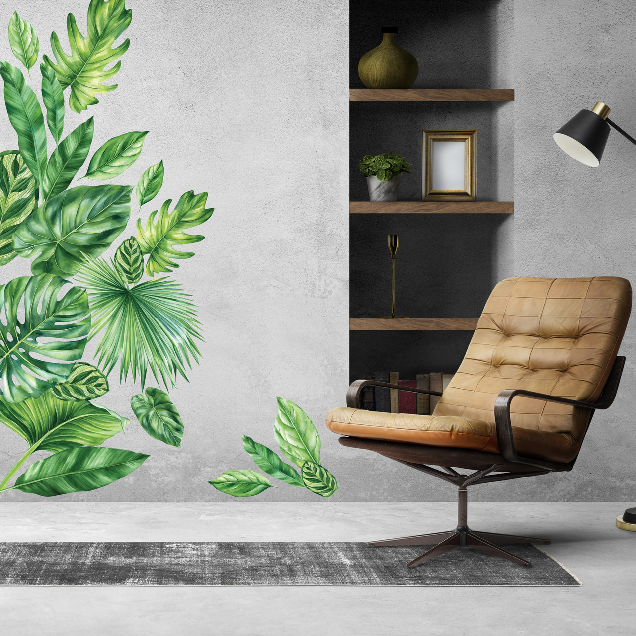 Дитячі наклейки на стіну Листя пальми Монстера тропічні рослини Зелений Набір М 1000х500 мм матова