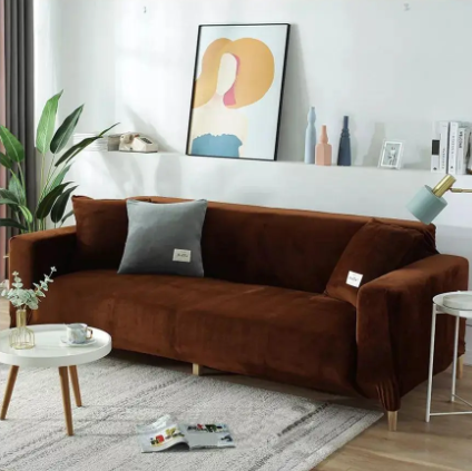 Чохли на диван тримісний 190х230 без оборки, велюрові чохли на дивани універсальні HomyTex Коричневий, фото 1