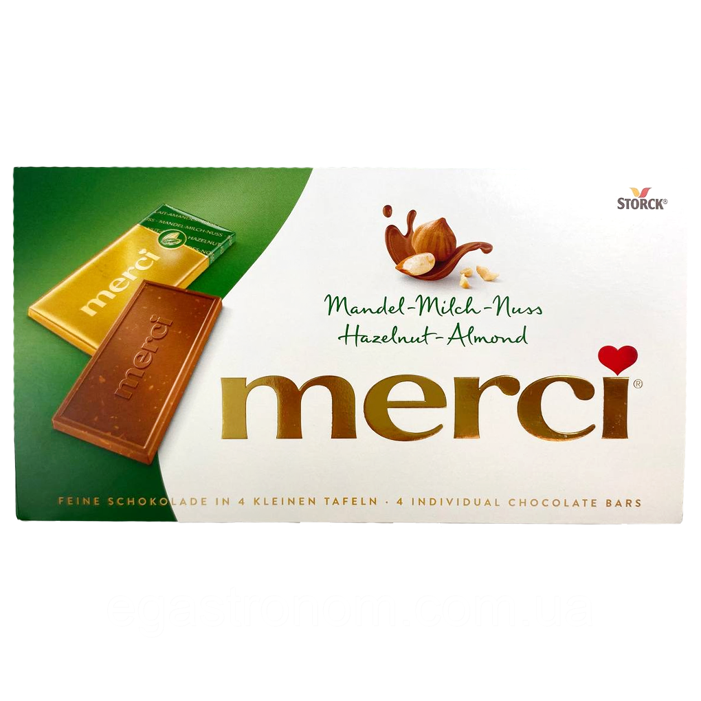 Шоколад молочний з лісовим горіхом та мигдалем Мерсі Merci 100g 15шт/ящ (Код: 00-00016546)