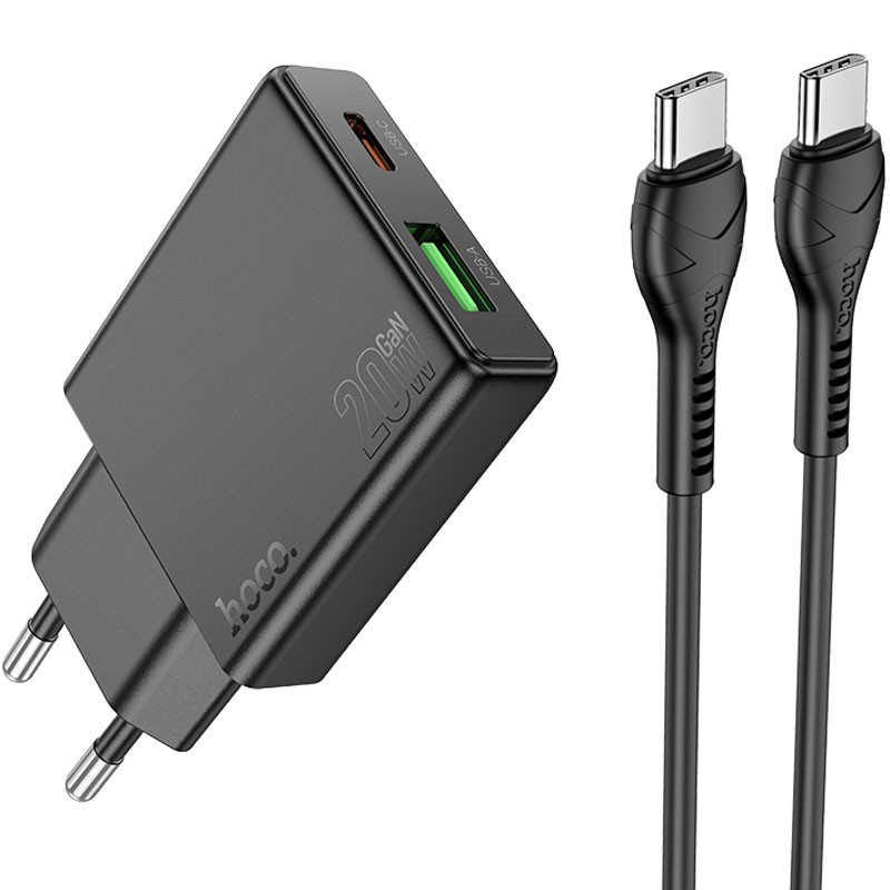 Блок для заряджання Hoco N38 Delgado PD20W+QC3.0 + Type-C to Type-C, Black, фото 1