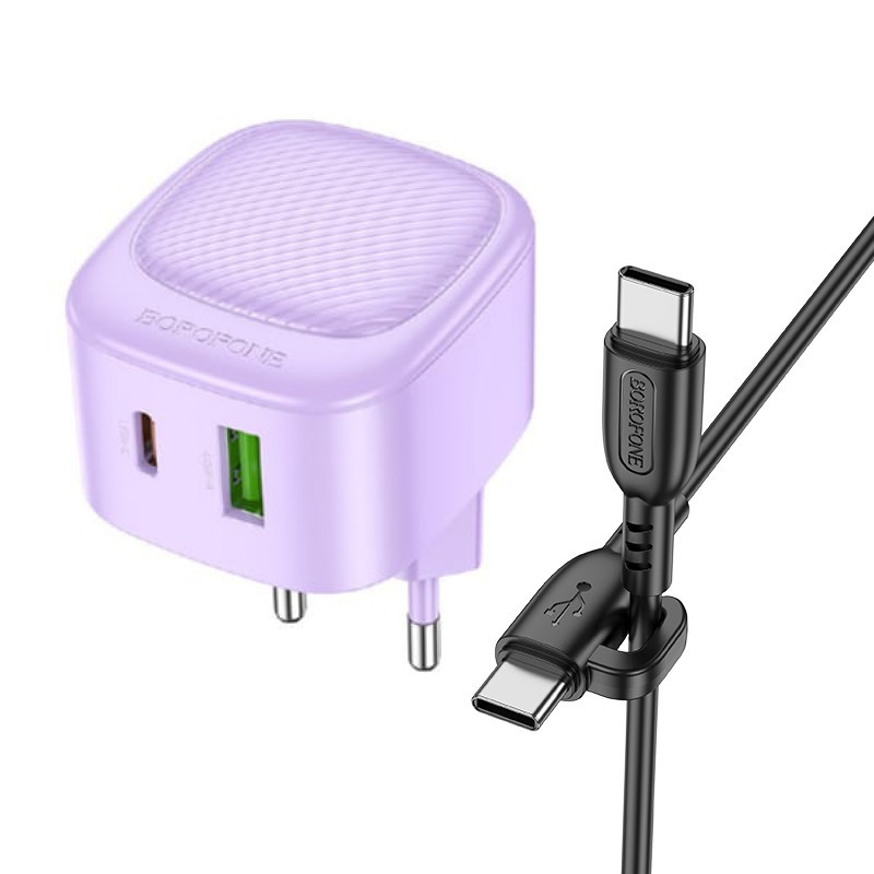 Блок для заряджання Borofone BAS22A Fortune PD20W+QC3.0 (1C1A) + Type-C to Type-C, Purple, фото 1