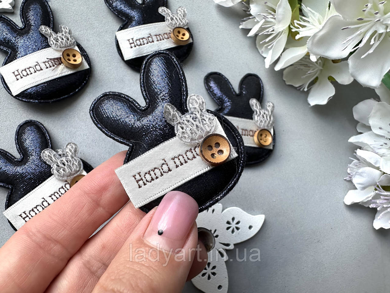 Аплікація "Зайчик з декором Hand made", 5 х 4 см, 20 шт/уп., темно-синього кольору, фото 1