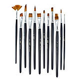 Набір нейлонових пензлів для малювання, 12 шт з дерев'яною ручкою, для акварелі, акрилу, олійного живопису, фото 5
