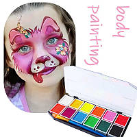 Фарби для бодіарту на водній основі 12 кольорів, легко очищається, водорозчинний пігмент, фарби для шкіри