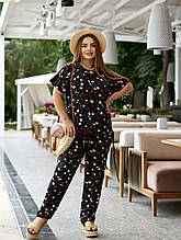 Літній жіночий костюм Балі чорний с червоно-білими квітами (52-66)