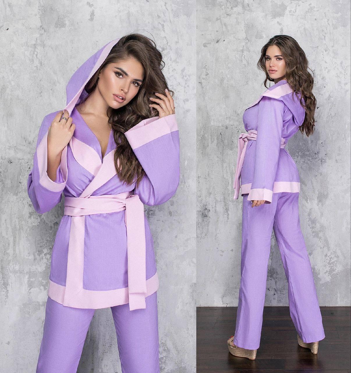 Стильний жіночий натуральний льняний костюм: жакет-кімоно з капюшоном та прямі штани, фото 1