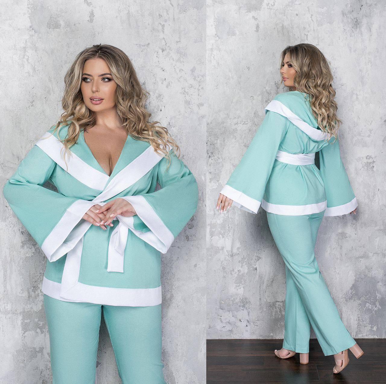 Стильний жіночий натуральний льняний костюм: жакет-кімоно з капюшоном та прямі штани, батал великі розміри, фото 1