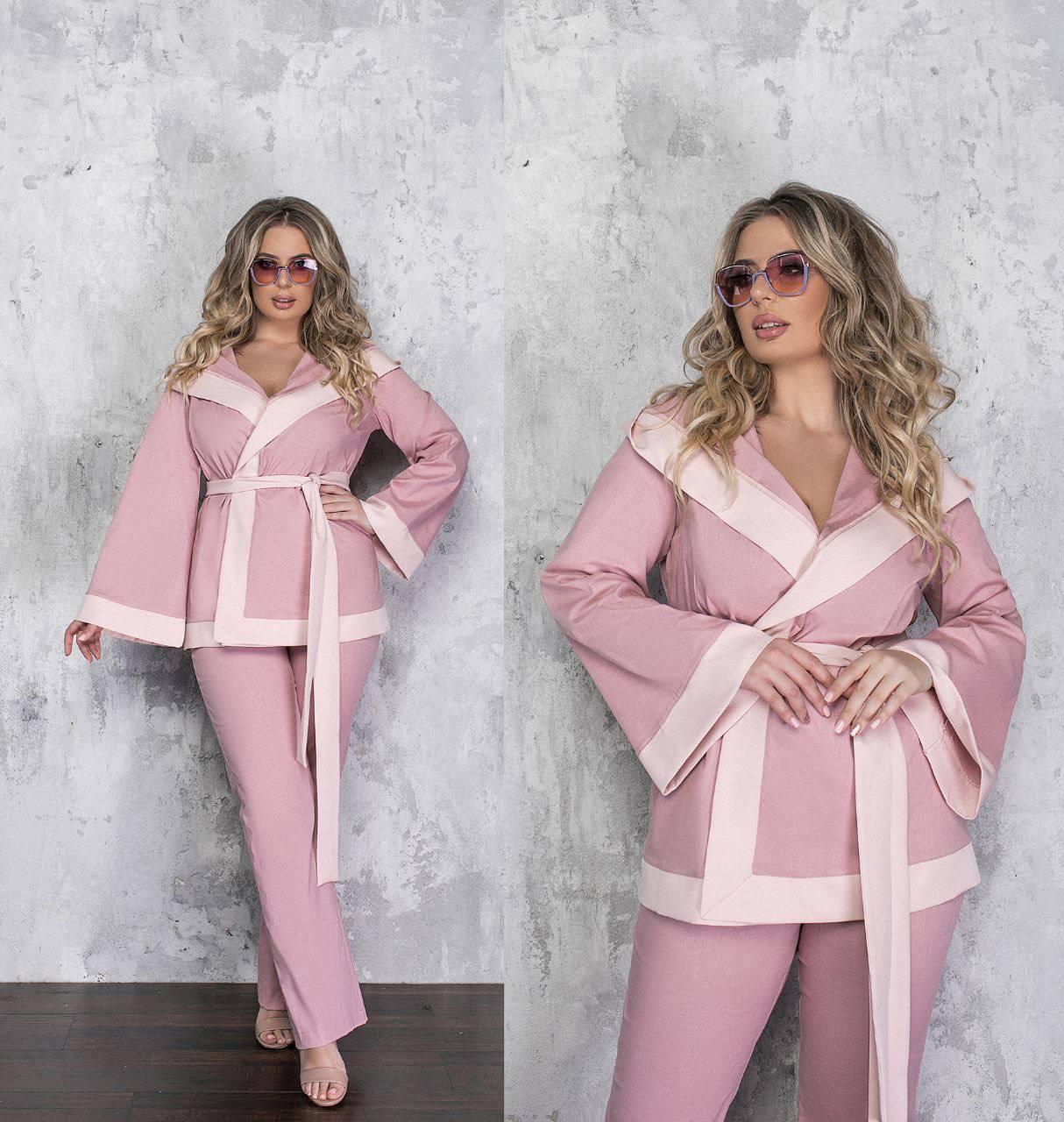 Стильний жіночий натуральний льняний костюм: жакет-кімоно з капюшоном та прямі штани, батал великі розміри, фото 1