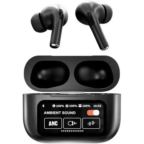 Безпровідні навушники AirPods V9 з інтелектуальним дисплеєм на кейсі |ANC+ENC| Чорний 47641