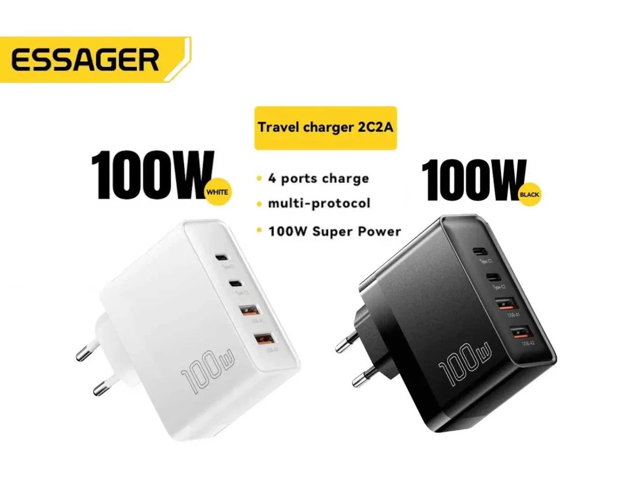 Зарядний пристрій Essager 100W GaN Quick Charger 2xUSB/2xUSB-C QC/PD