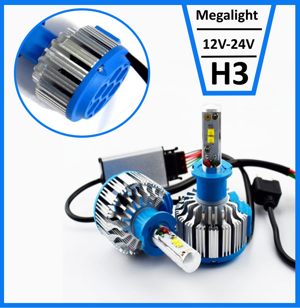 Світлодіодні LED-лампи для авто Megalight H3 12 V-24 V T1 6000 K 3500L активне охолодження