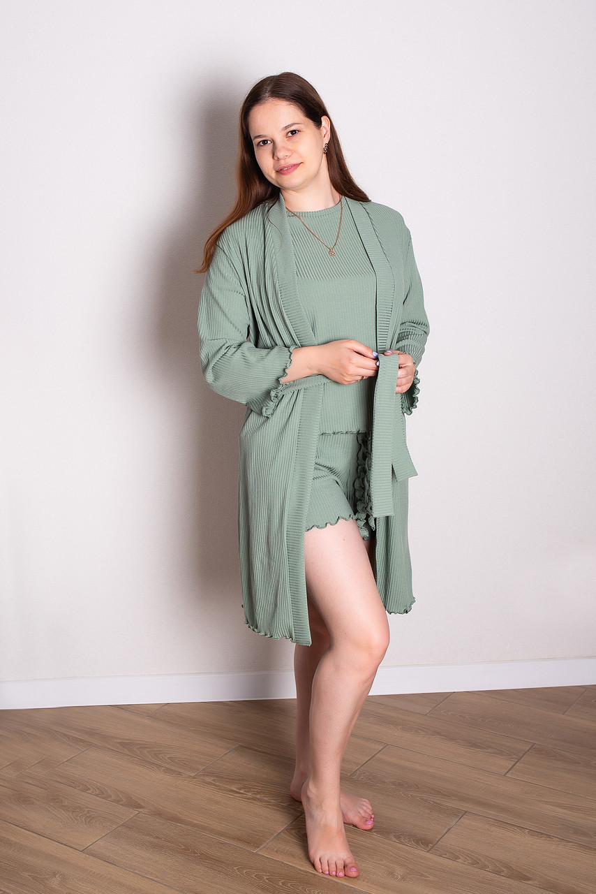 Жіночий домашній комплект (халат + футболка + шорти) 44-50р рубчик хакі