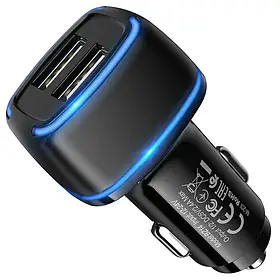 Авто адаптер Borofone BZ14 Max 2USB 12W з підсвічуванням Швидка зарядка (Чорний)