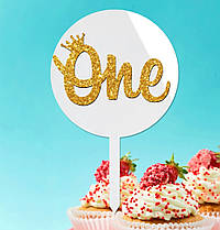 Пластиковий Топпер "ONE Один Рік (Глітер)" 15х10 Білий Топер з Акрилу Напис для Торта у Квіти Фігурка Пластик
