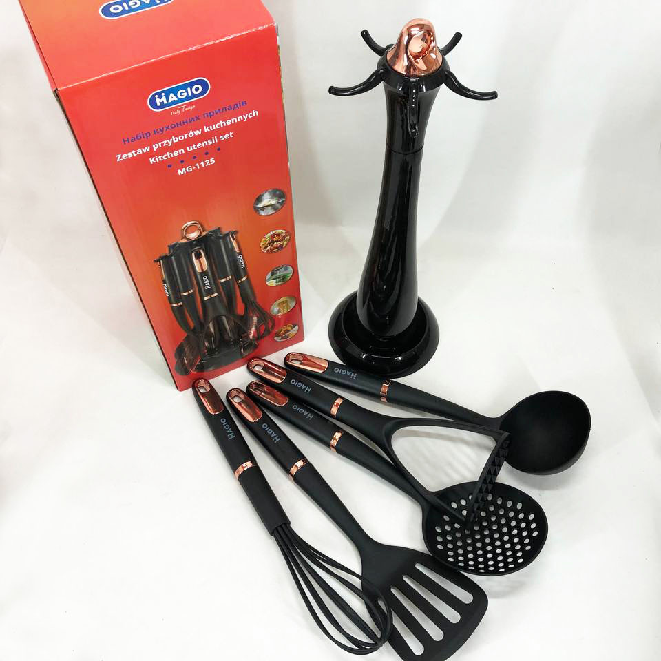 Набір приладдя для кухні якісний Magio, Силіконові кухонні прилади в комплекті з підставкою IG-31, фото 1