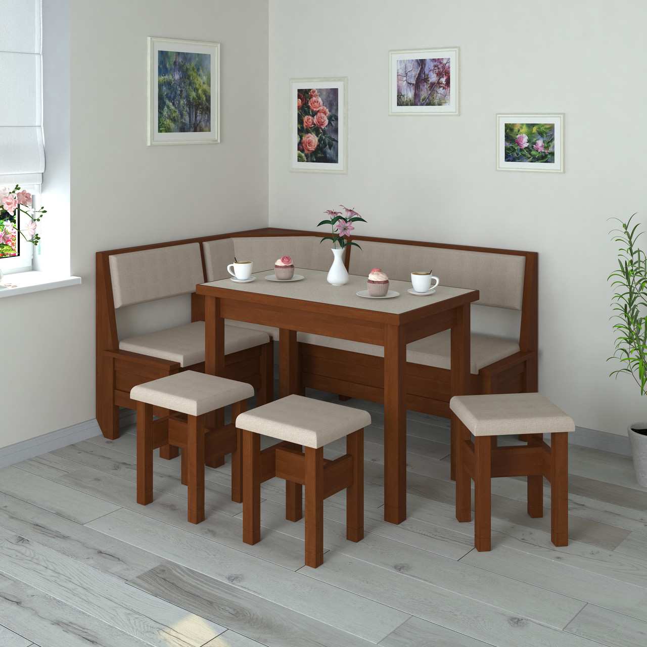 Сучасний кухонний дерев'яний куточок на кухню зі столом і табуретками з натурального дерева Туніс Летро