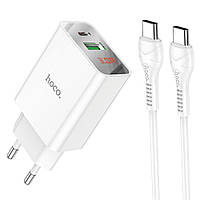 Мережевий зарядний пристрій Hoco C100A USB/Type-C QC PD 20 W з дисплеєм білий + кабель Type-C to Type-C