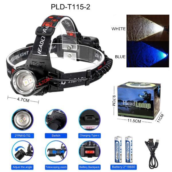 Ліхтар налобний PLD-T115-2PM10-TG(white+blue) 2x18650 ЗУ Type-C zoom Box