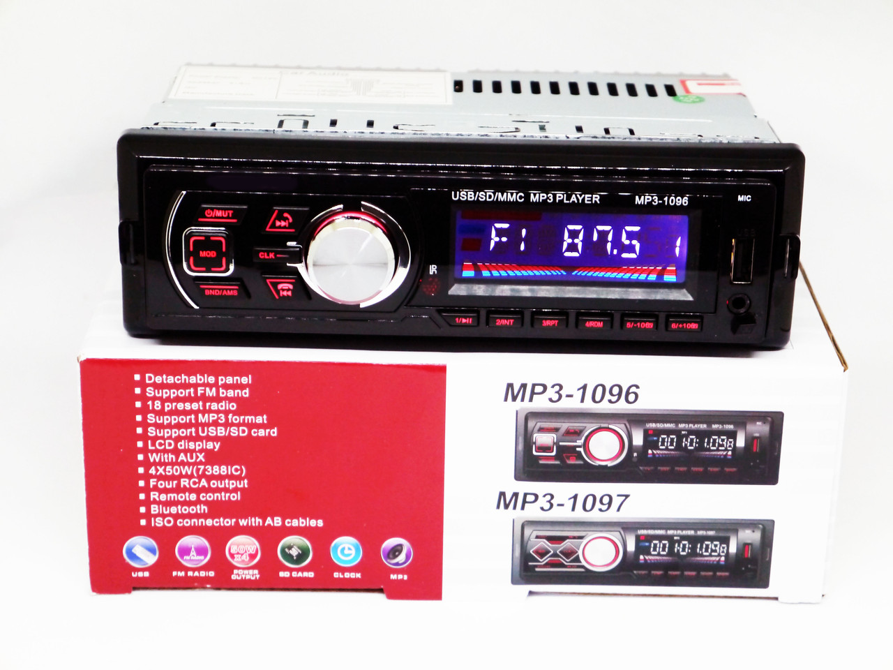 Автомагнітола — Bluetooth MP3 Player FM USB microSD AUX З'ЄМНА панель 1096BT AuraHome, фото 1