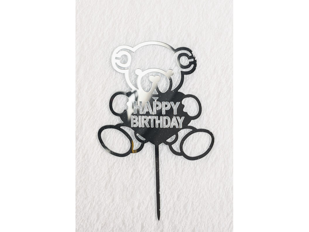 Дзеркальний топер Happy Birthday ведмедик срібло
