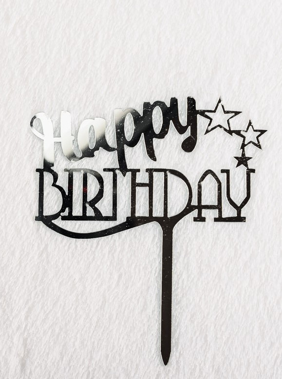 Дзеркальний топер Happy Birthday три зірки срібло