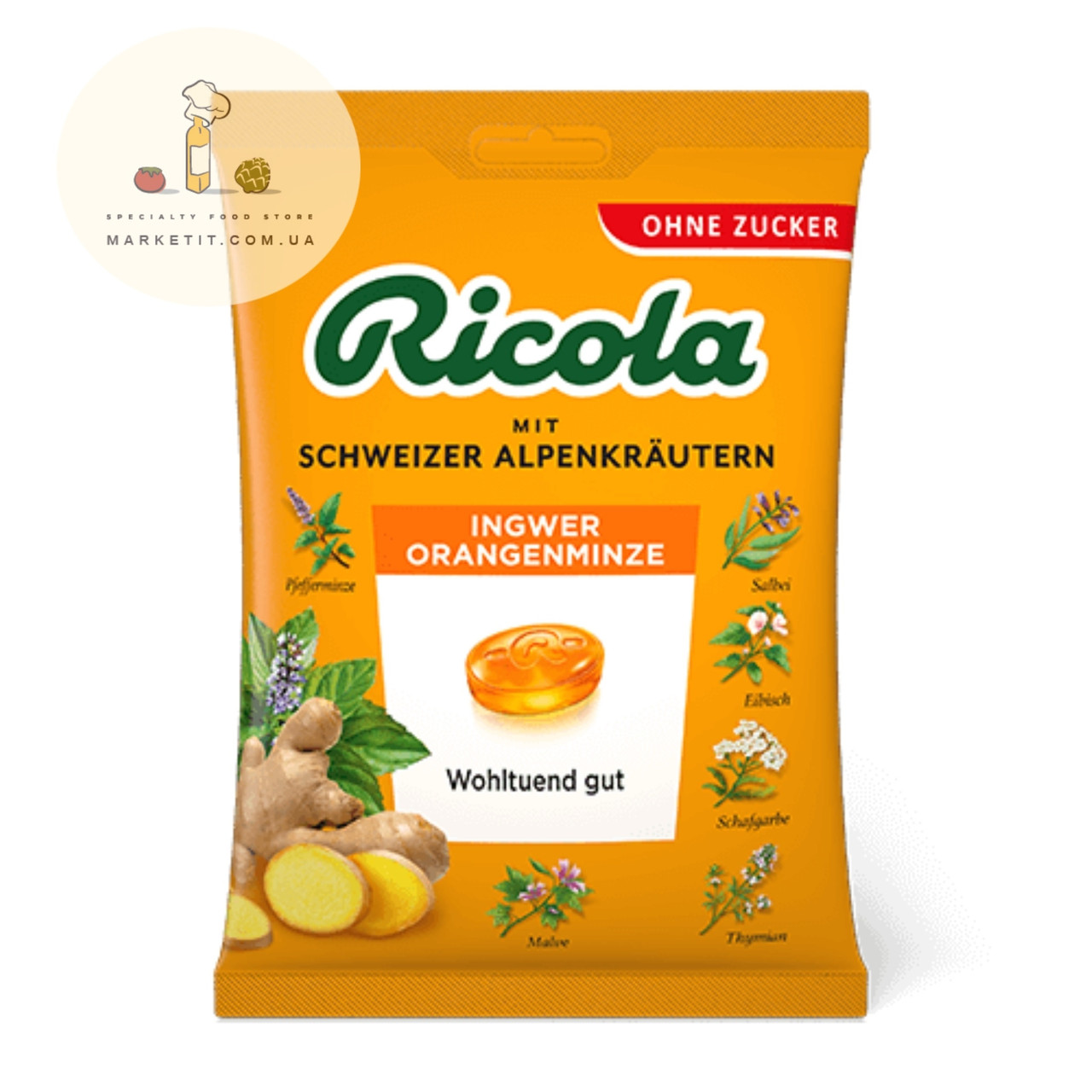 Льодяники Ricola Ingwer Orangenminze, альпійські трави з імбиром і апельсином, без цукру 70 г.