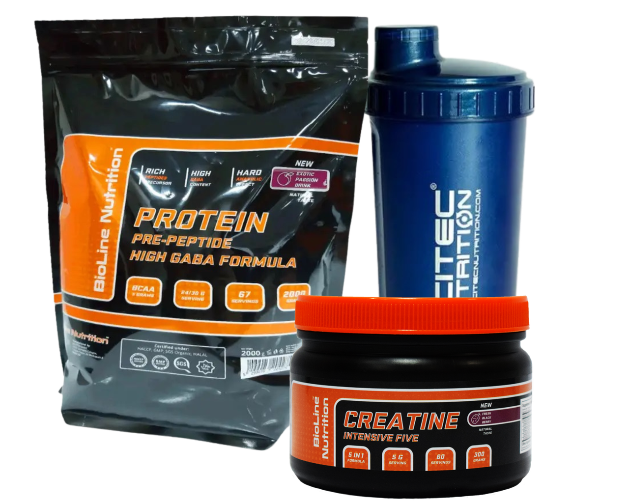 Протеїн 2 кг пакет Bioline Nutrition смак Персик-маракуйя. Креатин 0,3 кг Bioline Nutrition + Шейкер 0,3 кг, фото 1