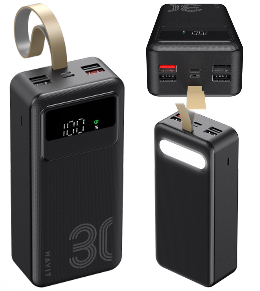 Повербанк Power Bank HAVIT 30000mAh HV-PB110 з швидкою зарядкою 22.5W. Зовнішній акумулятор із ліхтариком, чорний