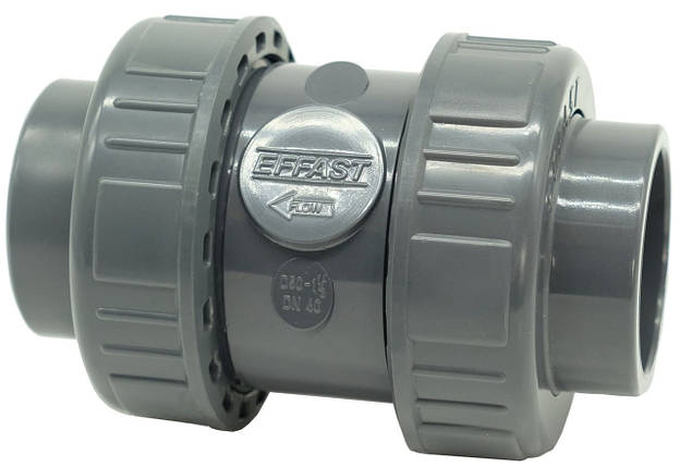 Зворотний клапан ПВХ Effast CERCBE063G кульовий, з внутрішньою різзю 2" і ущільненням EPDM, d63, фото 1