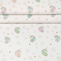 Ранфорс шириною 240 см "М'ятні єдинороги та золоті зірки", №5170