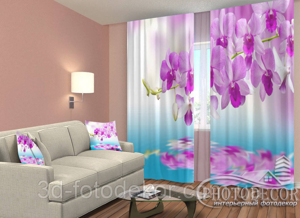 Фото Штори "Малинові орхідеї над водою" 2,5м*2,9м (2 полотна по 1,45м), тасьма, фото 1