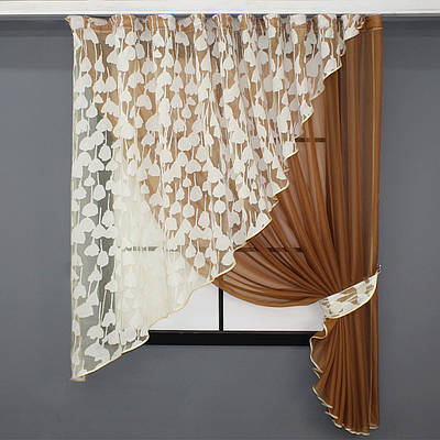 Кухонна фіранка (280х170см.) на карниз 1,5-2м. Колір коричневий з білим. Код 069к 52-0897