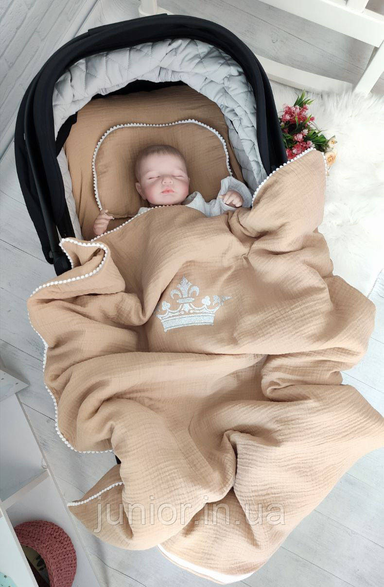 Мусліновий набір із вишивкою в коляску 3 предмети — подушка, простирадло, плед, фото 1