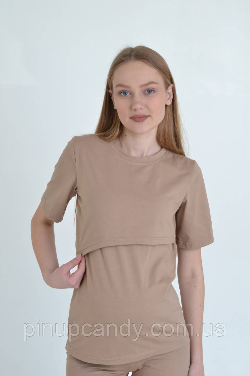 Футболка для вагітних і годуючих мам Lara бавовна світла бежева (розміри: 42-56), фото 1