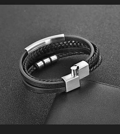 Чоловічий браслет чорний екорежим зі сріблястим елементом зірки Stainless Steel довжина 21 см ширина 20 мм, фото 2