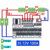 Плата захисту BMS 3S 100A 12.6v для Li-Ion акумуляторів контролер заряду розряду з балансуванням