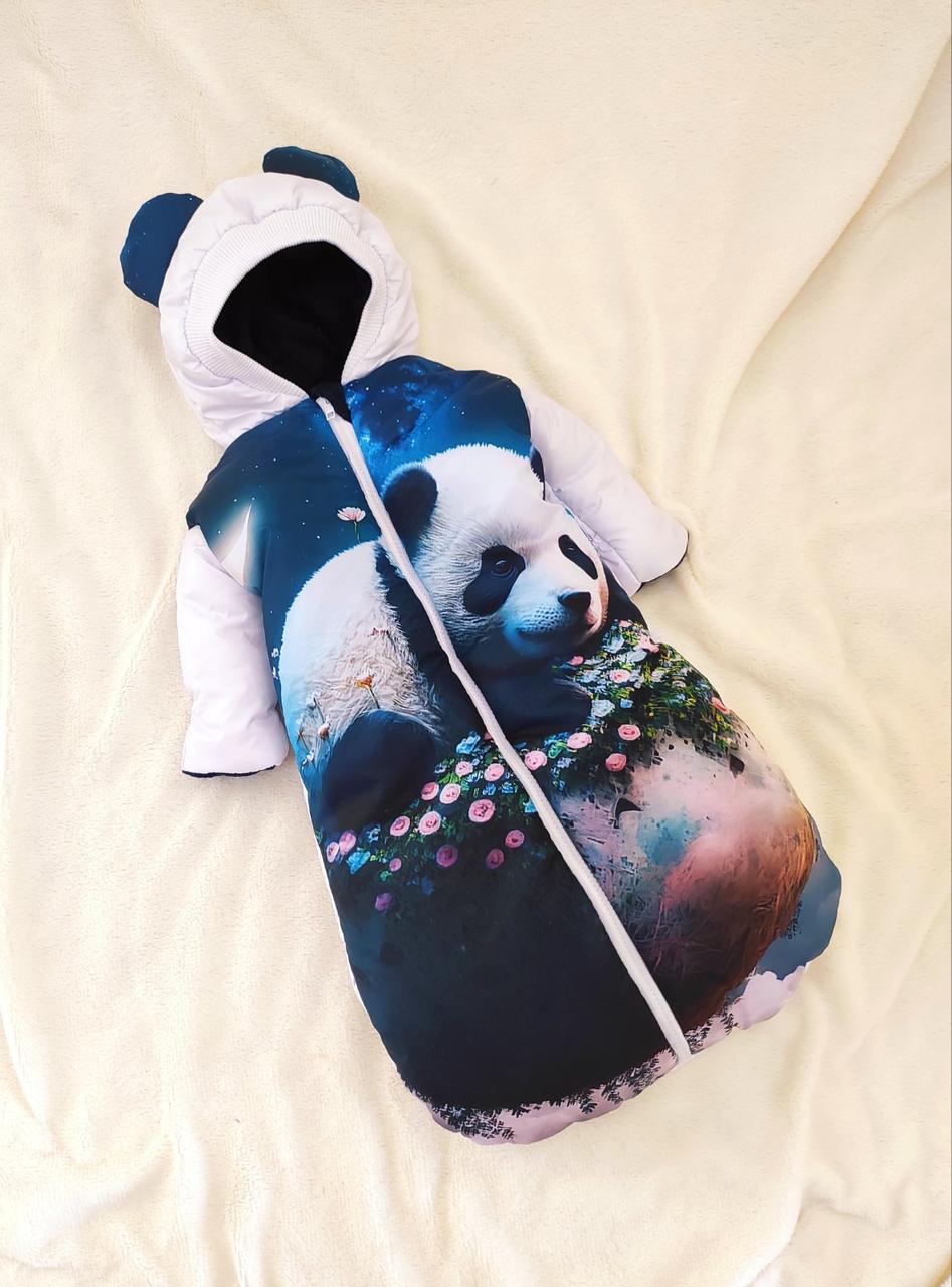 Спальник - комбінезон для новонароджених, принт панда, синій, фото 1