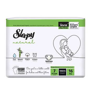 Підгузки дитячі Sleepy Natural XXL 7 (20-30 кг) 16 шт / Памперси для дітей одноразові на липучках