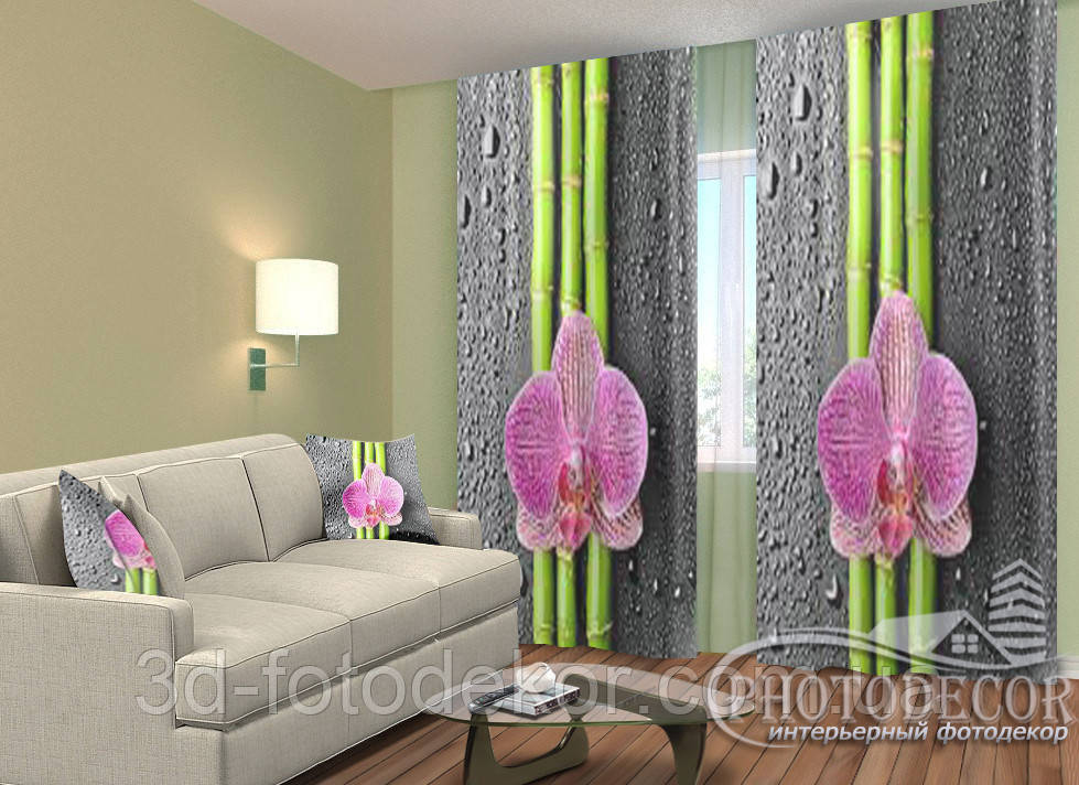 3D Фото Штори "Орхідеї і бамбук 2" 2,5м*2,6м (2 полотна по 1,30м), тасьма
