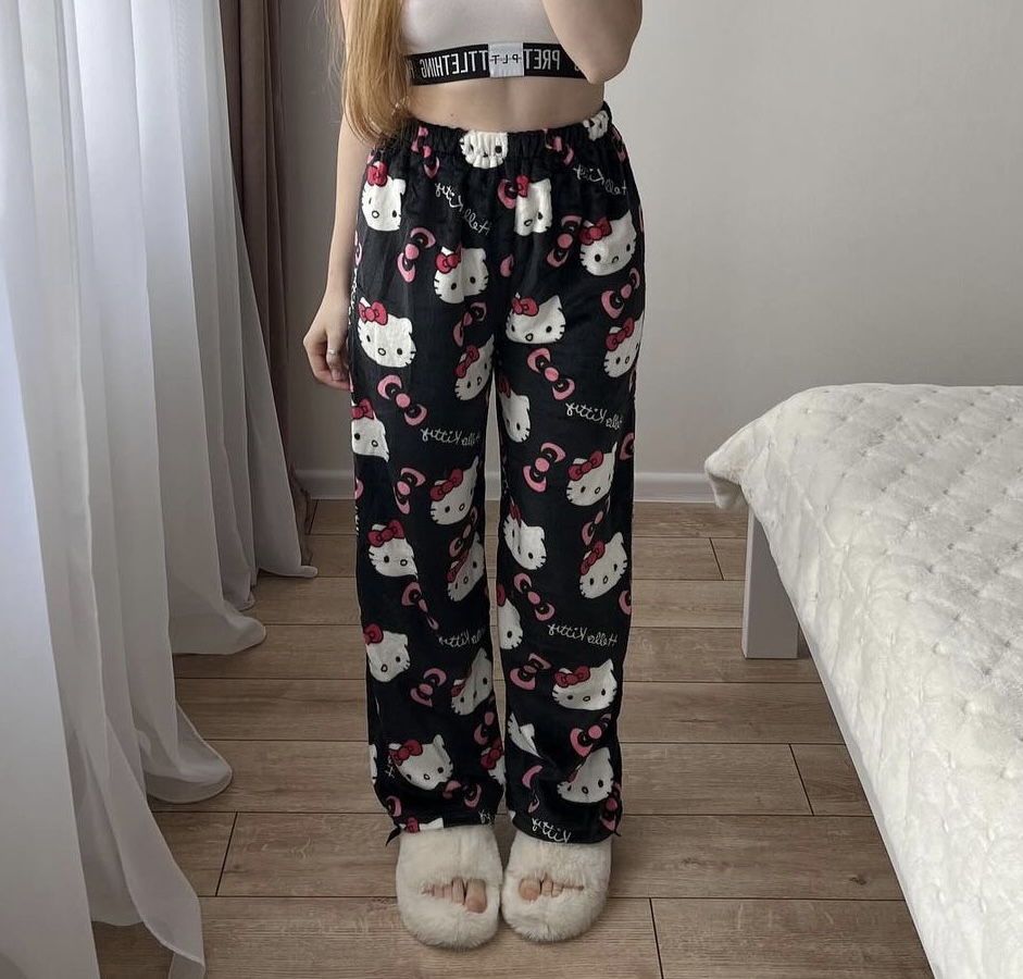 Штани Hello Kitty Стильні Пухнасті Мягкі Чорно-Рожеві, фото 1