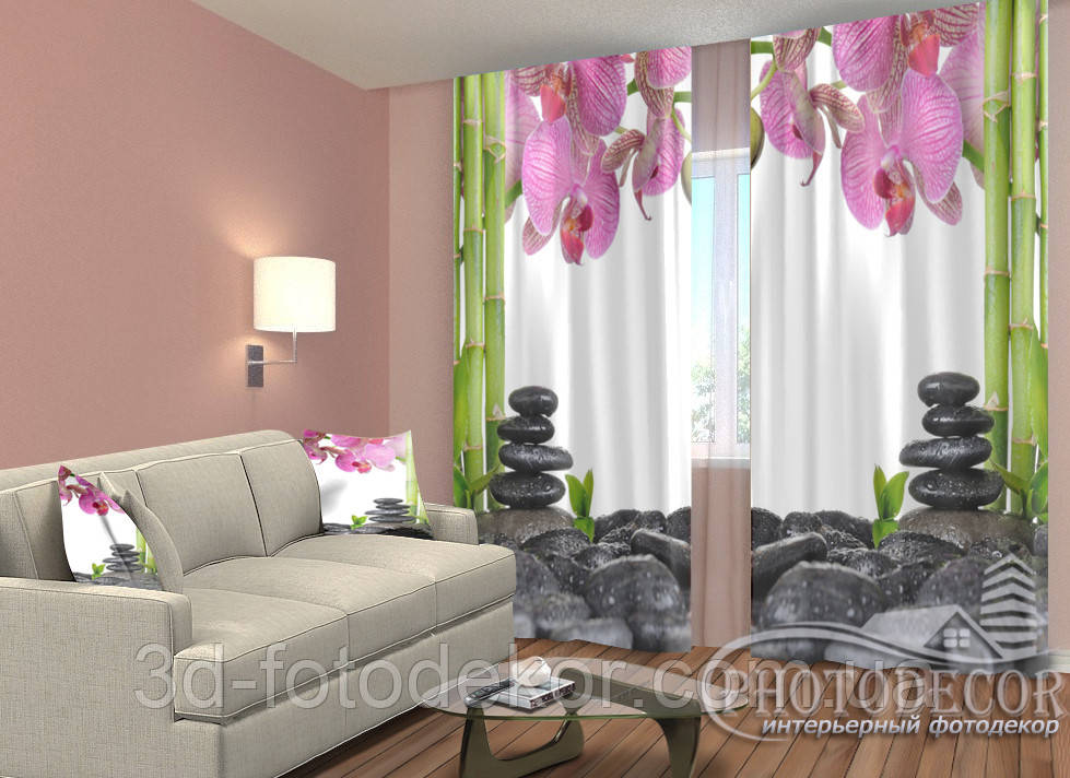 Фото Штори "Орхідеї і бамбук" 2,5м*2,9м (2 полотна по 1,45м), тасьма