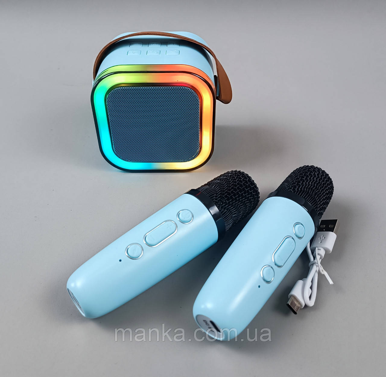Дитяче караоке з 2-ма мікрофонами K12 зі зміною голосу Bluetooth колонка з RGB підсвічуванням Блакитна, фото 1