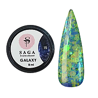 SAGA Galaxy glitter №15 прозорий із голографічними блакитними та салатовими блискітками, 8мл