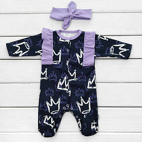 Комплект чоловічок з пов'язкою на виписку My Crown зріст 62 см (1 - 3 місяці) Malena Темно-синій, фіолетовий