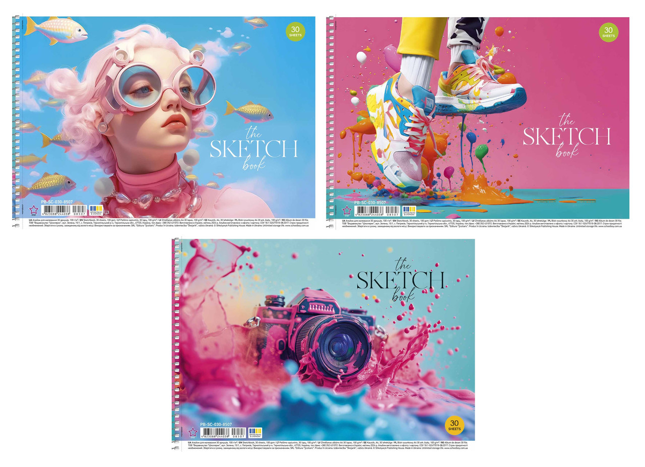 Альбом для малювання А4 30 арк спіраль 100 г/м2 УФ лак 8507 STAR Асорті дів, фото 1