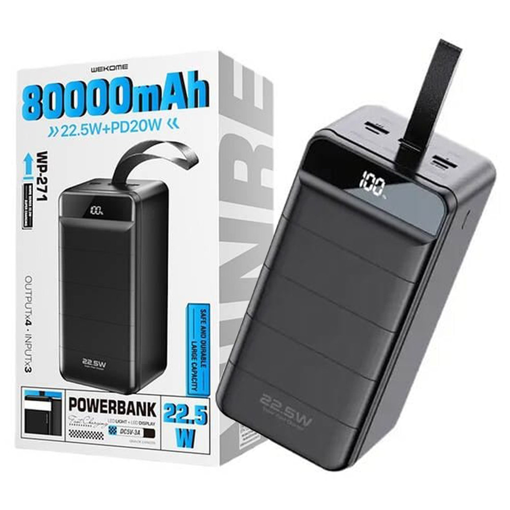 Повербанк Power Bank Wecome WP-271 80000 mAh Зовнішній Портативний аккумулятор із швидкою зарядкою, чорний