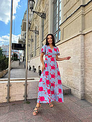 Красива літня довга сукня в квітковий принт з запахом на грудях та відкритою спинкою, норма та напівбатал