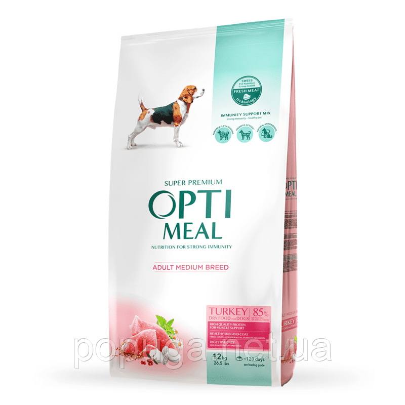 Optimeal Dog Adult Medium для дорослих собак середніх порід з індичкою, 12 кг, фото 1