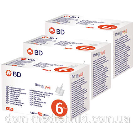 Голки для інсулінових ручок "BD Microfine Thin Wall" 6 мм (31G x 0,25 мм), 300 шт., фото 1